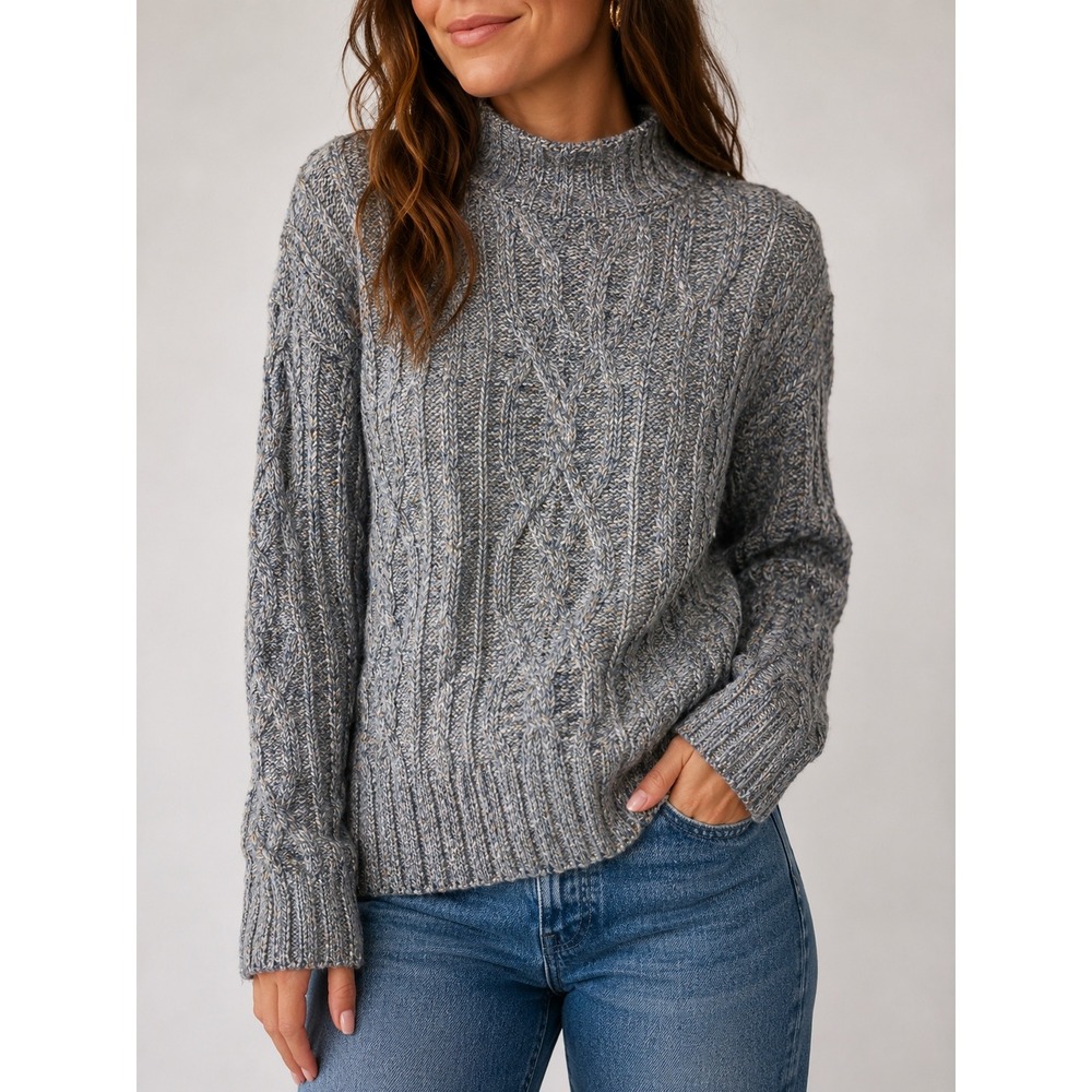 Vtg 90s American Eagle Cable Knit Sweater Womens S Grey Wool Blend Mock Neck
